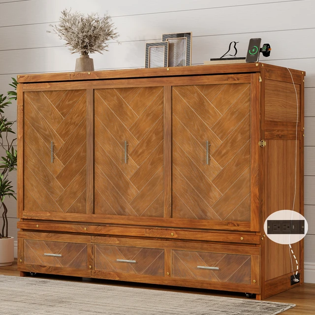 Alt view image 4 of 7 - Queen Size Murphy Bed, Wood Cabinet Bed with Built in USB Charging Station and Geometrical Decoration Panel, Walnut