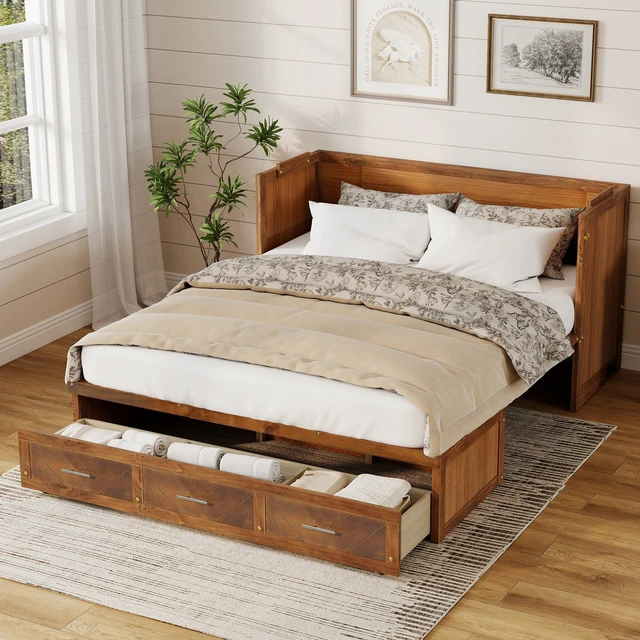Alt view image 3 of 7 - Queen Size Murphy Bed, Wood Cabinet Bed with Built in USB Charging Station and Geometrical Decoration Panel, Walnut