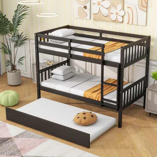 Alt view image 4 of 7 - Twin Over Twin Rubber Bunk Bed with Trundle, Convertible Into Size Beds Size Bunk Bed with Ladder and Safety Guardrails