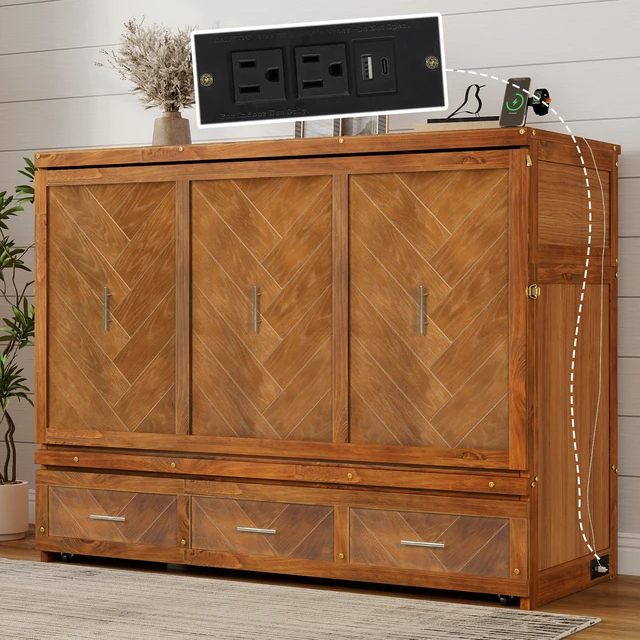 Alt view image 6 of 7 - Queen Size Murphy Bed, Wood Cabinet Bed with Built in USB Charging Station and Geometrical Decoration Panel, Walnut