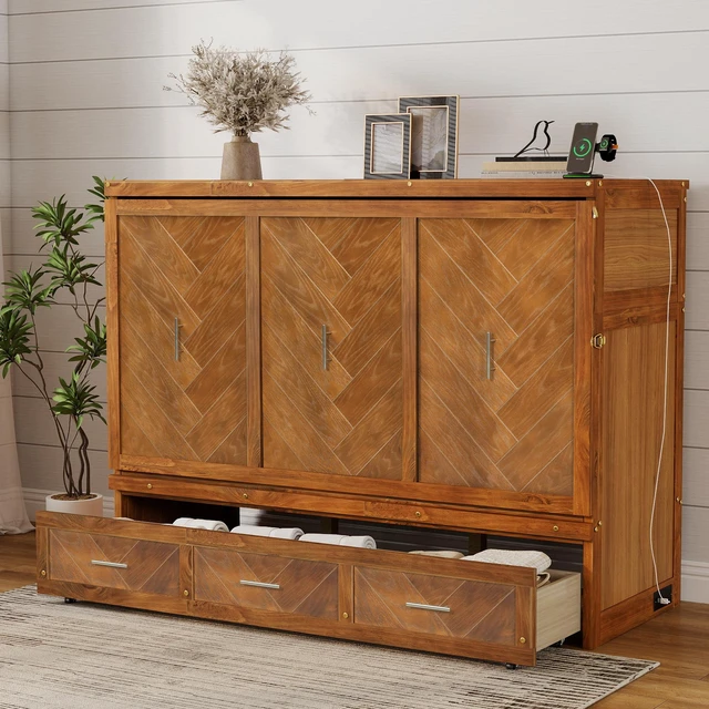 Alt view image 5 of 7 - Queen Size Murphy Bed, Wood Cabinet Bed with Built in USB Charging Station and Geometrical Decoration Panel, Walnut