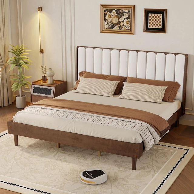Alt view image 2 of 7 - King Size Bed with Piano Key Upholstered Headboard, Bed with Strengthened Frame, Walnut, Pine, Beds Frames Bases