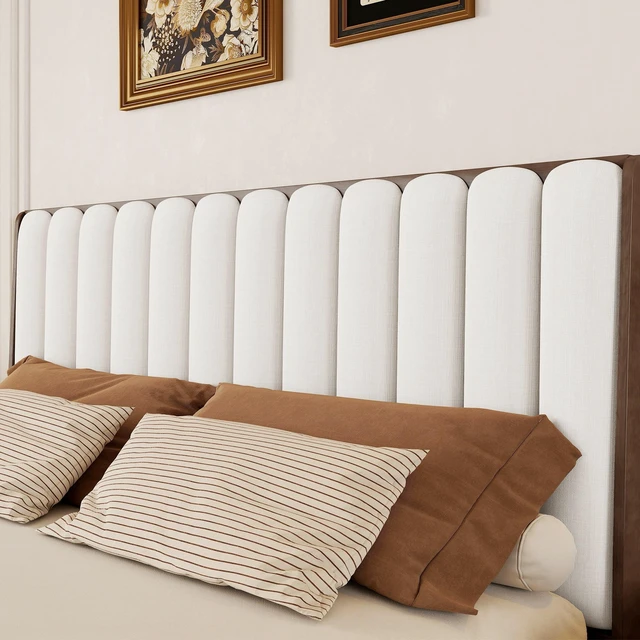 Alt view image 4 of 7 - King Size Bed with Piano Key Upholstered Headboard, Bed with Strengthened Frame, Walnut, Pine, Beds Frames Bases