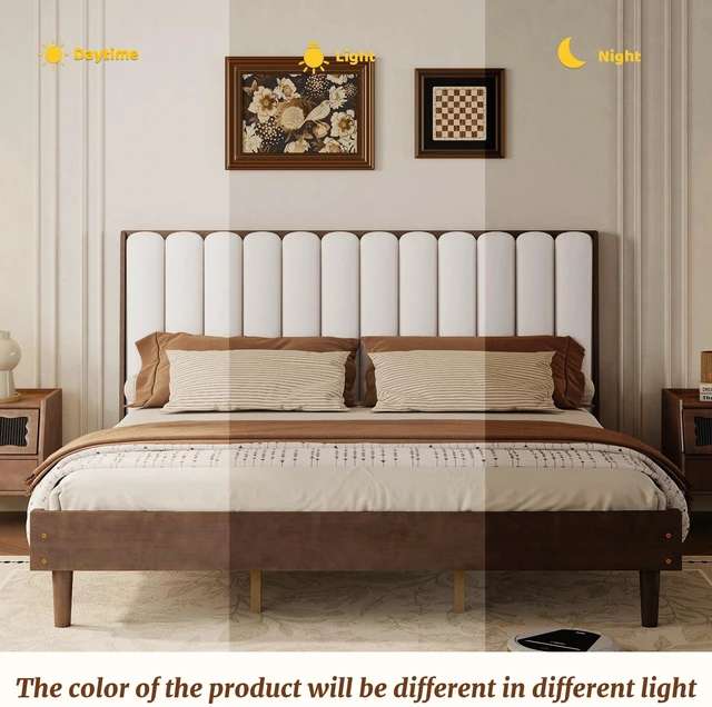 Alt view image 7 of 7 - King Size Bed with Piano Key Upholstered Headboard, Bed with Strengthened Frame, Walnut, Pine, Beds Frames Bases