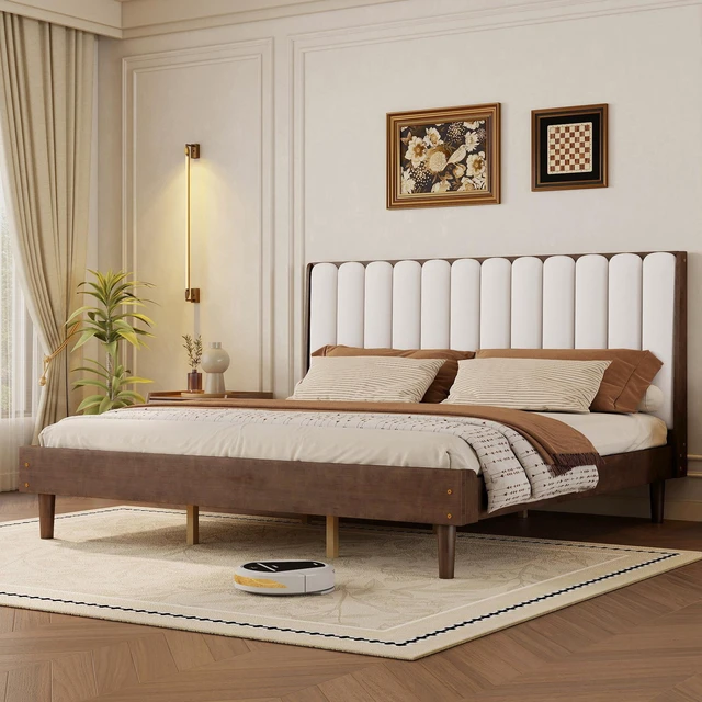 Alt view image 3 of 7 - King Size Bed with Piano Key Upholstered Headboard, Bed with Strengthened Frame, Walnut, Pine, Beds Frames Bases