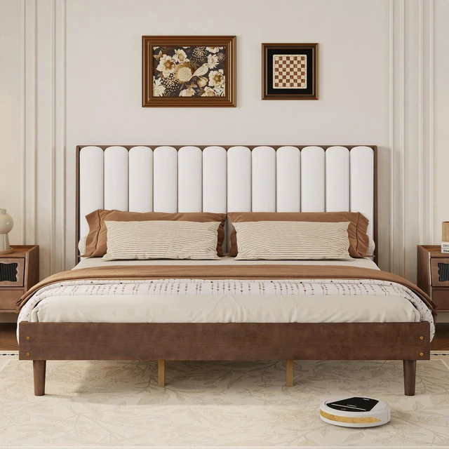 Main image of King Size Bed with Piano Key Upholstered Headboard, Bed with Strengthened Frame, Walnut, Pine, Beds Frames Bases