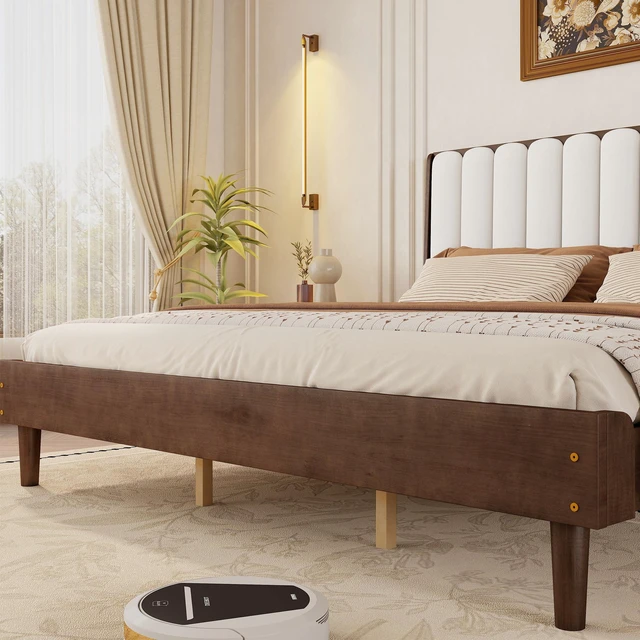 Alt view image 5 of 7 - King Size Bed with Piano Key Upholstered Headboard, Bed with Strengthened Frame, Walnut, Pine, Beds Frames Bases