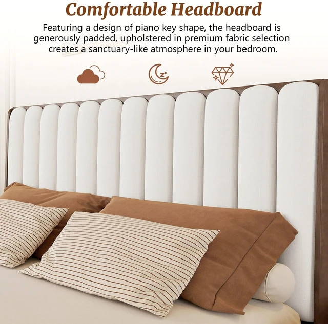 Alt view image 6 of 7 - King Size Bed with Piano Key Upholstered Headboard, Bed with Strengthened Frame, Walnut, Pine, Beds Frames Bases