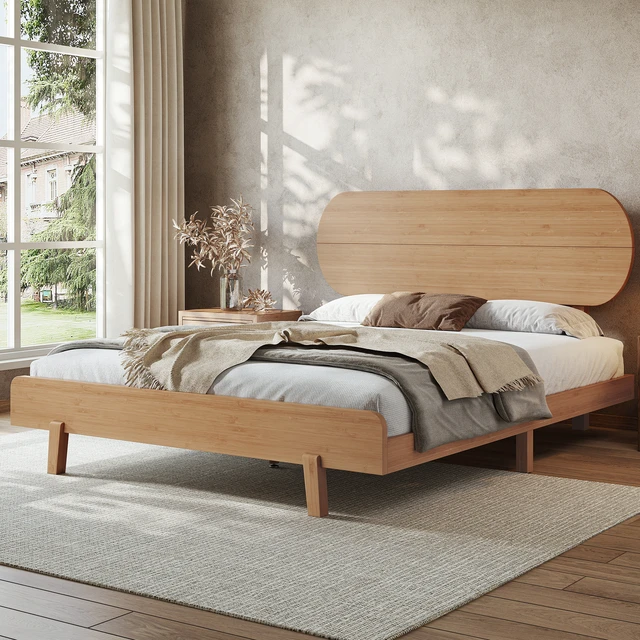 Alt view image 2 of 7 - Queen Size Bamboo Platform Bed with Round Shape Headboard and Little Footboard, Solid Bamboo Made Bed Frame
