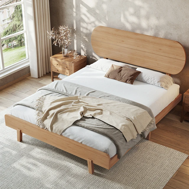 Alt view image 3 of 7 - Queen Size Bamboo Platform Bed with Round Shape Headboard and Little Footboard, Solid Bamboo Made Bed Frame