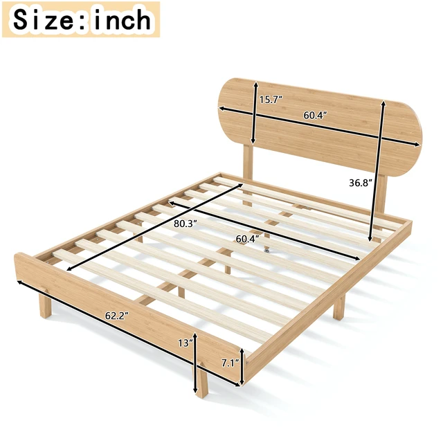 Alt view image 7 of 7 - Queen Size Bamboo Platform Bed with Round Shape Headboard and Little Footboard, Solid Bamboo Made Bed Frame