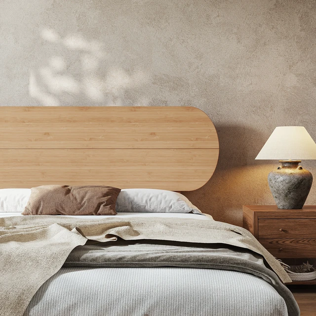 Alt view image 5 of 7 - Queen Size Bamboo Platform Bed with Round Shape Headboard and Little Footboard, Solid Bamboo Made Bed Frame