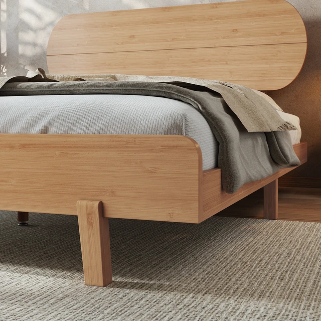 Alt view image 6 of 7 - Queen Size Bamboo Platform Bed with Round Shape Headboard and Little Footboard, Solid Bamboo Made Bed Frame