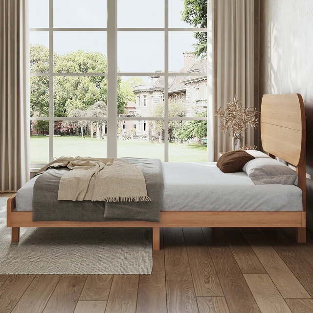 Alt view image 4 of 7 - Queen Size Bamboo Platform Bed with Round Shape Headboard and Little Footboard, Solid Bamboo Made Bed Frame