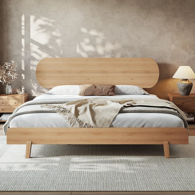 Main image of King Size Bamboo Platform Bed with Round Shape Headboard and Little Footboard, Solid Bamboo Made Bed Frame with Support