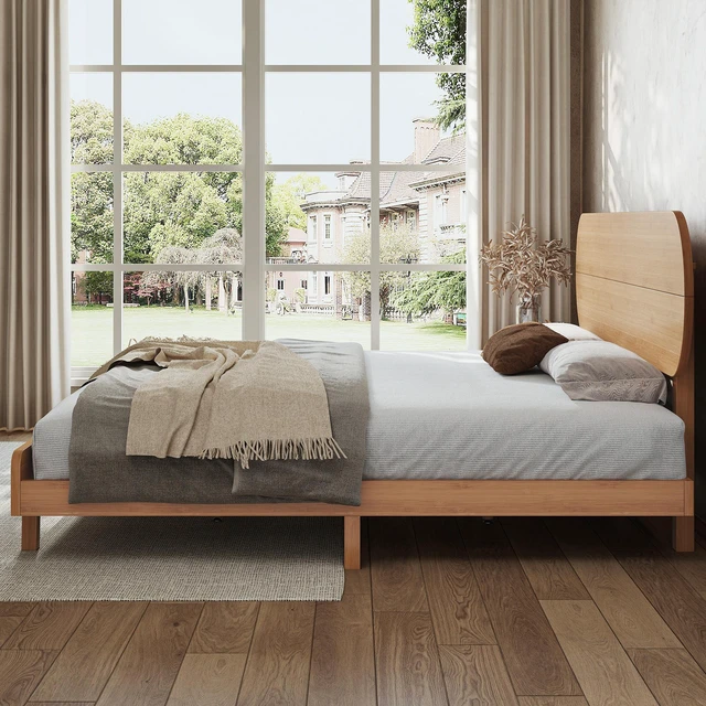 Alt view image 4 of 7 - King Size Bamboo Platform Bed with Round Shape Headboard and Little Footboard, Solid Bamboo Made Bed Frame with Support