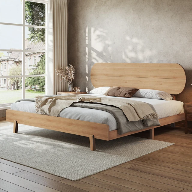 Alt view image 2 of 7 - King Size Bamboo Platform Bed with Round Shape Headboard and Little Footboard, Solid Bamboo Made Bed Frame with Support
