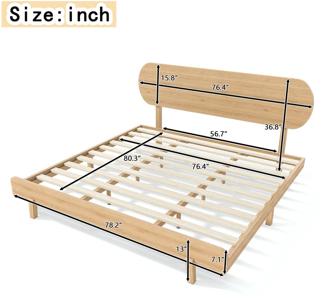 Alt view image 7 of 7 - King Size Bamboo Platform Bed with Round Shape Headboard and Little Footboard, Solid Bamboo Made Bed Frame with Support