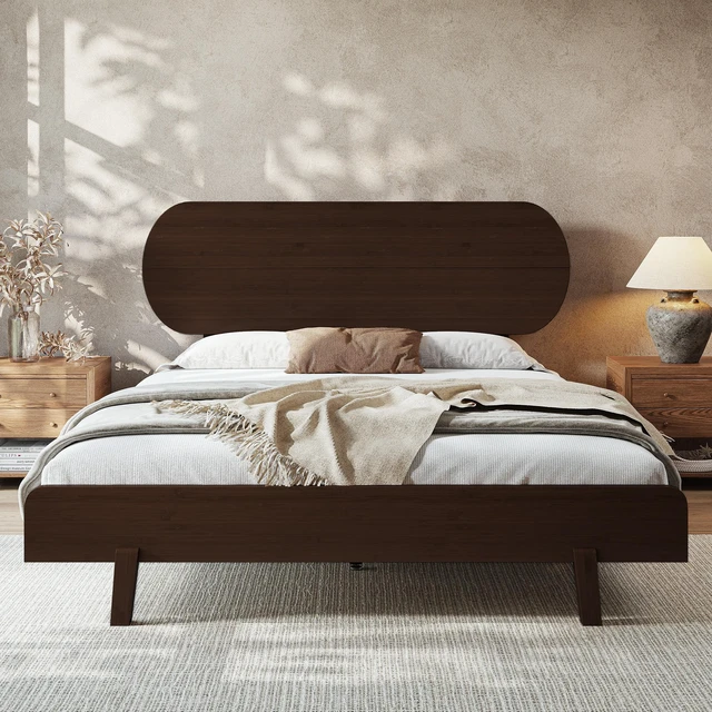 Main image of Queen Size Bamboo Platform Bed with Round Shape Headboard and Little Footboard, Solid Bamboo Made Bed Frame