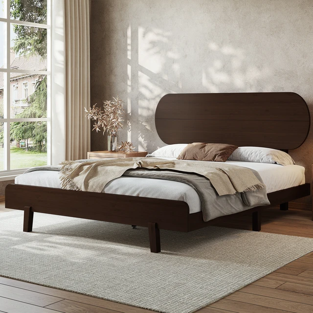 Alt view image 2 of 7 - Queen Size Bamboo Platform Bed with Round Shape Headboard and Little Footboard, Solid Bamboo Made Bed Frame