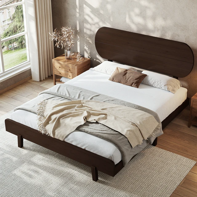Alt view image 3 of 7 - Queen Size Bamboo Platform Bed with Round Shape Headboard and Little Footboard, Solid Bamboo Made Bed Frame
