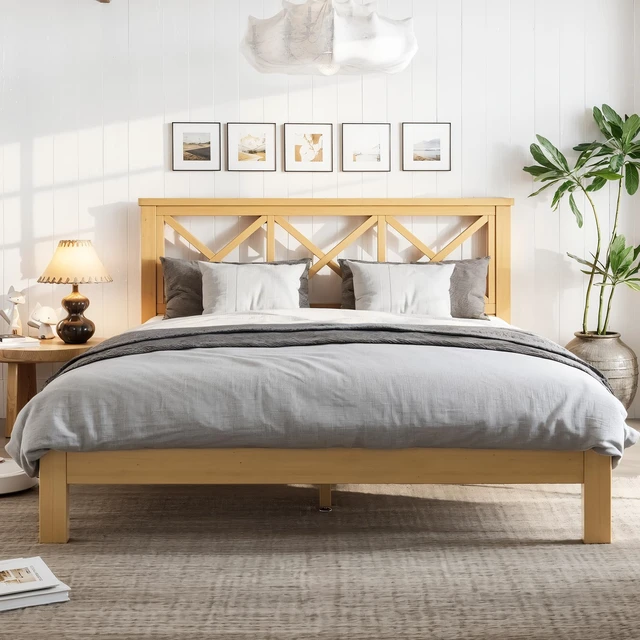Alt view image 2 of 7 - Full Platform Bed with Design Headboard, Bamboo Made Bed Frame Full Size with Suppport Slats Mid-Century, Natural