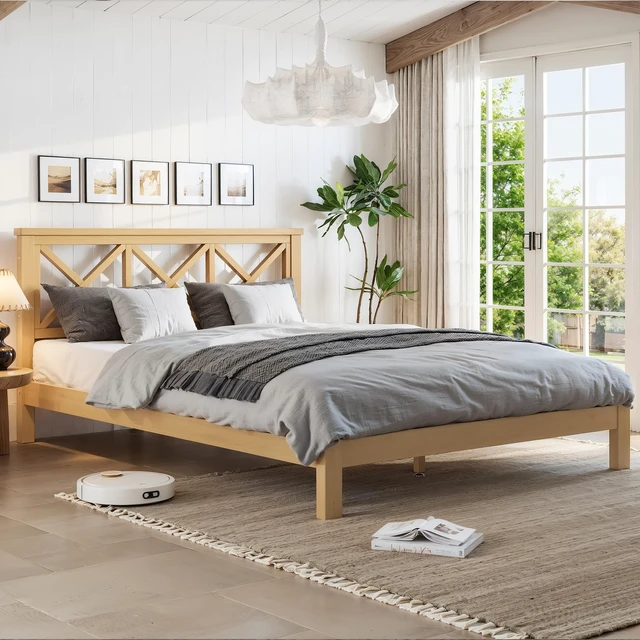 Main image of Full Platform Bed with Design Headboard, Bamboo Made Bed Frame Full Size with Suppport Slats Mid-Century, Natural