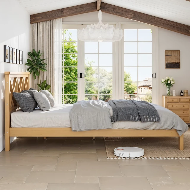 Alt view image 3 of 7 - Full Platform Bed with Design Headboard, Bamboo Made Bed Frame Full Size with Suppport Slats Mid-Century, Natural