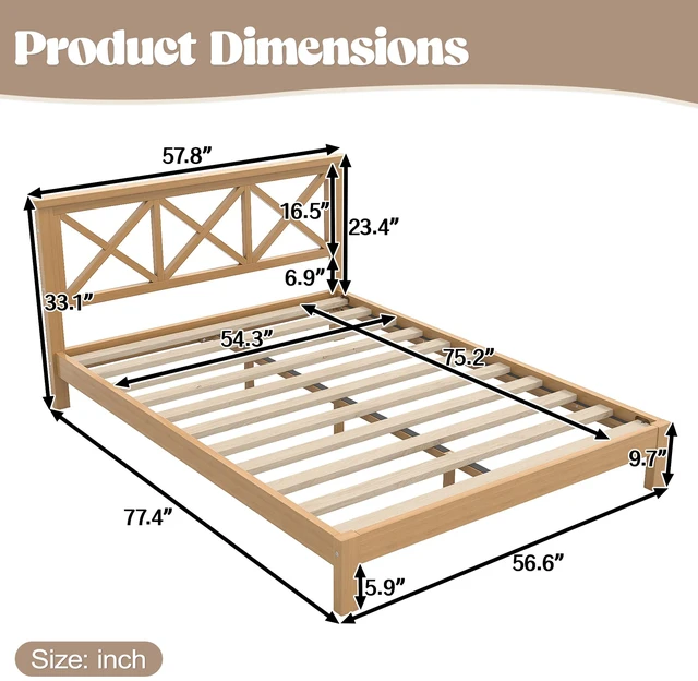 Alt view image 4 of 7 - Full Platform Bed with Design Headboard, Bamboo Made Bed Frame Full Size with Suppport Slats Mid-Century, Natural