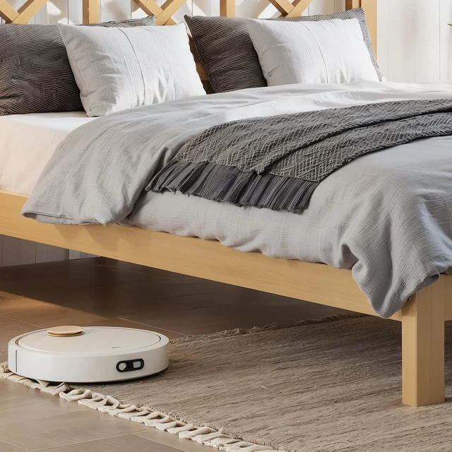 Alt view image 6 of 7 - Full Platform Bed with Design Headboard, Bamboo Made Bed Frame Full Size with Suppport Slats Mid-Century, Natural