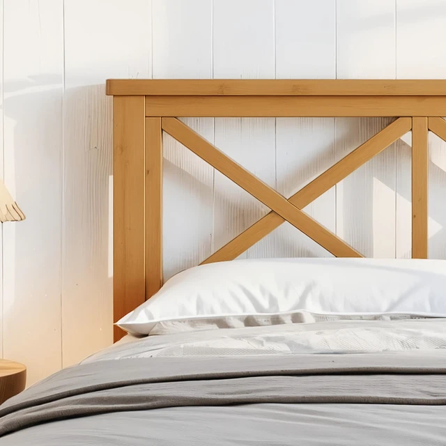 Alt view image 5 of 7 - Queen Platform Bed with Design Headboard, Bamboo Made Bed Frame Queen Size with Suppport Slats Mid-Century, Brown