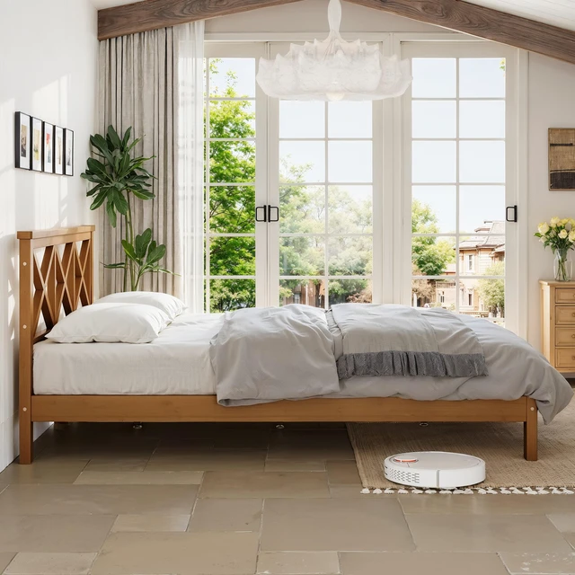 Alt view image 3 of 7 - Queen Platform Bed with Design Headboard, Bamboo Made Bed Frame Queen Size with Suppport Slats Mid-Century, Brown