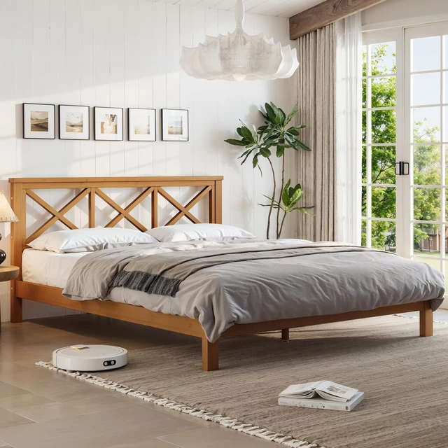 Alt view image 2 of 7 - Queen Platform Bed with Design Headboard, Bamboo Made Bed Frame Queen Size with Suppport Slats Mid-Century, Brown