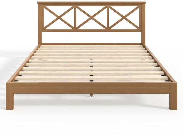 Alt view image 7 of 7 - Queen Platform Bed with Design Headboard, Bamboo Made Bed Frame Queen Size with Suppport Slats Mid-Century, Brown
