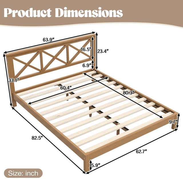 Alt view image 4 of 7 - Queen Platform Bed with Design Headboard, Bamboo Made Bed Frame Queen Size with Suppport Slats Mid-Century, Brown