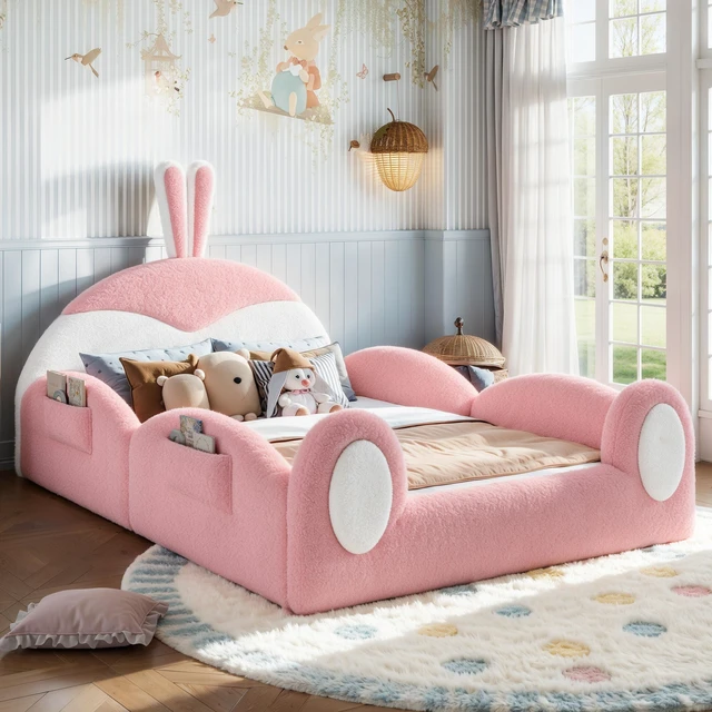 Main image of Full Kids Upholstered Floor Bed Rabbit Headboard Toddler Bed Frame with Side Storage Pockets Low Profile Kids Platform
