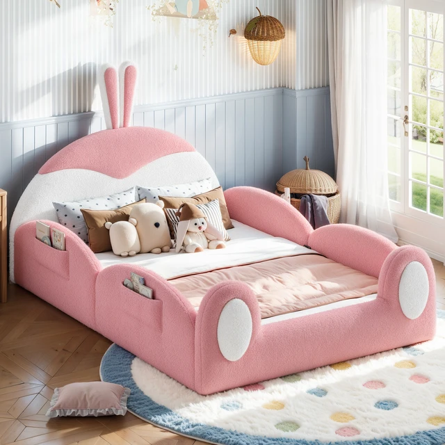 Alt view image 2 of 7 - Full Kids Upholstered Floor Bed Rabbit Headboard Toddler Bed Frame with Side Storage Pockets Low Profile Kids Platform