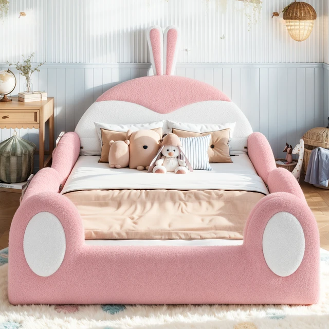 Alt view image 3 of 7 - Full Kids Upholstered Floor Bed Rabbit Headboard Toddler Bed Frame with Side Storage Pockets Low Profile Kids Platform