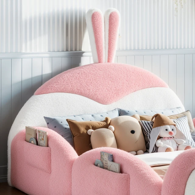 Alt view image 4 of 7 - Full Kids Upholstered Floor Bed Rabbit Headboard Toddler Bed Frame with Side Storage Pockets Low Profile Kids Platform