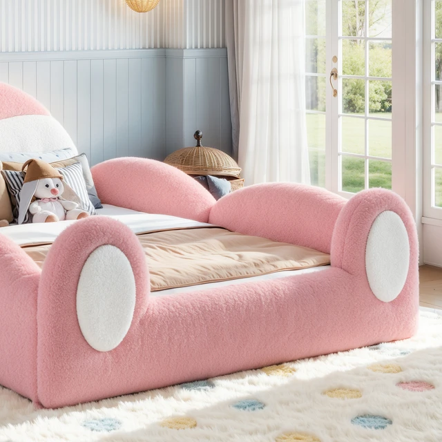 Alt view image 5 of 7 - Full Kids Upholstered Floor Bed Rabbit Headboard Toddler Bed Frame with Side Storage Pockets Low Profile Kids Platform