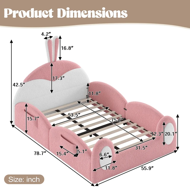 Alt view image 6 of 7 - Full Kids Upholstered Floor Bed Rabbit Headboard Toddler Bed Frame with Side Storage Pockets Low Profile Kids Platform