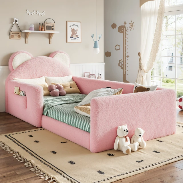Main image of Twin Upholstered Kids Bed, Bear 001e Shaped Upholstered Floor Bed Children Frame with Removable Magic 001e Tape
