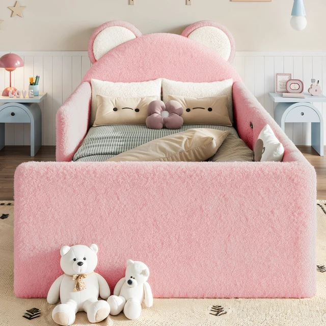 Alt view image 3 of 7 - Twin Upholstered Kids Bed, Bear 001e Shaped Upholstered Floor Bed Children Frame with Removable Magic 001e Tape