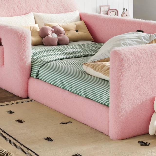 Alt view image 5 of 7 - Twin Upholstered Kids Bed, Bear 001e Shaped Upholstered Floor Bed Children Frame with Removable Magic 001e Tape