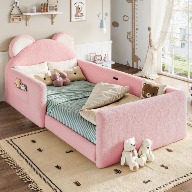 Alt view image 2 of 7 - Twin Upholstered Kids Bed, Bear 001e Shaped Upholstered Floor Bed Children Frame with Removable Magic 001e Tape