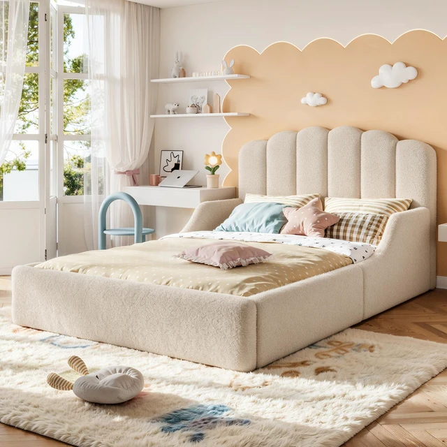 Main image of Full Teddy Fabric Upholstered Floor Bed, Upholstered Kids Bed Low Profile Children Frame Soft Floor for Kids and Teens