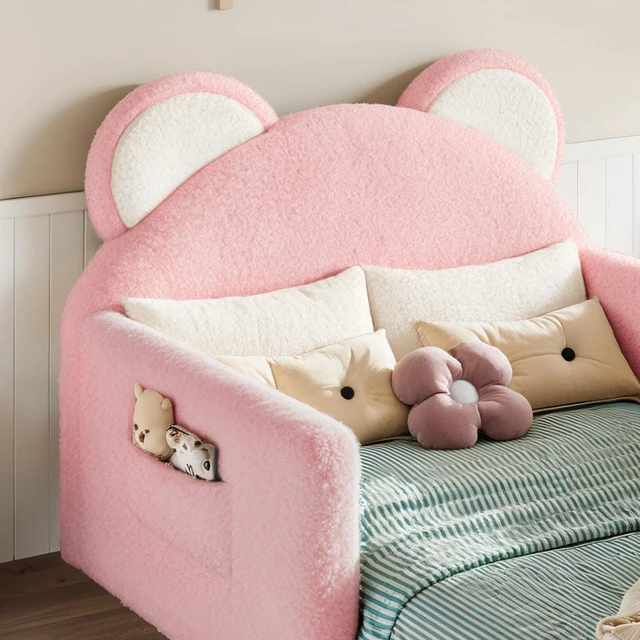 Alt view image 6 of 7 - Twin Upholstered Kids Bed, Bear 001e Shaped Upholstered Floor Bed Children Frame with Removable Magic 001e Tape