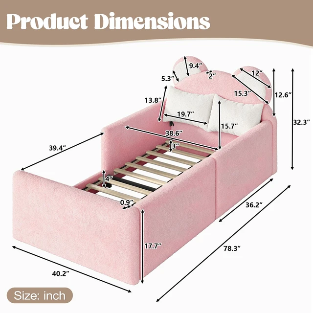 Alt view image 4 of 7 - Twin Upholstered Kids Bed, Bear 001e Shaped Upholstered Floor Bed Children Frame with Removable Magic 001e Tape