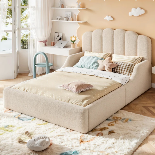 Alt view image 3 of 7 - Full Teddy Fabric Upholstered Floor Bed, Upholstered Kids Bed Low Profile Children Frame Soft Floor for Kids and Teens
