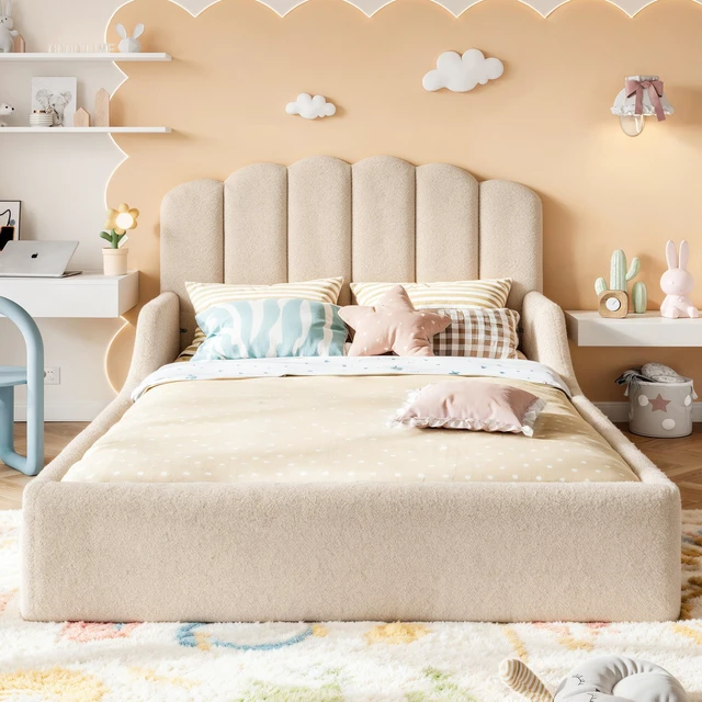 Alt view image 2 of 7 - Full Teddy Fabric Upholstered Floor Bed, Upholstered Kids Bed Low Profile Children Frame Soft Floor for Kids and Teens